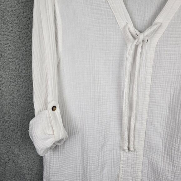 Side Stitch LA Cover Up Women M White Cotton Roll Tab Sleeves Lace Up V-Neck - Picture 4 of 12
